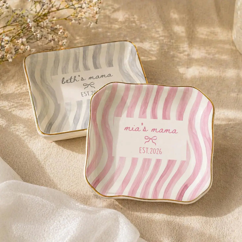 Wavy Stripe Custom Names Time Baby Announcement Ring Dish