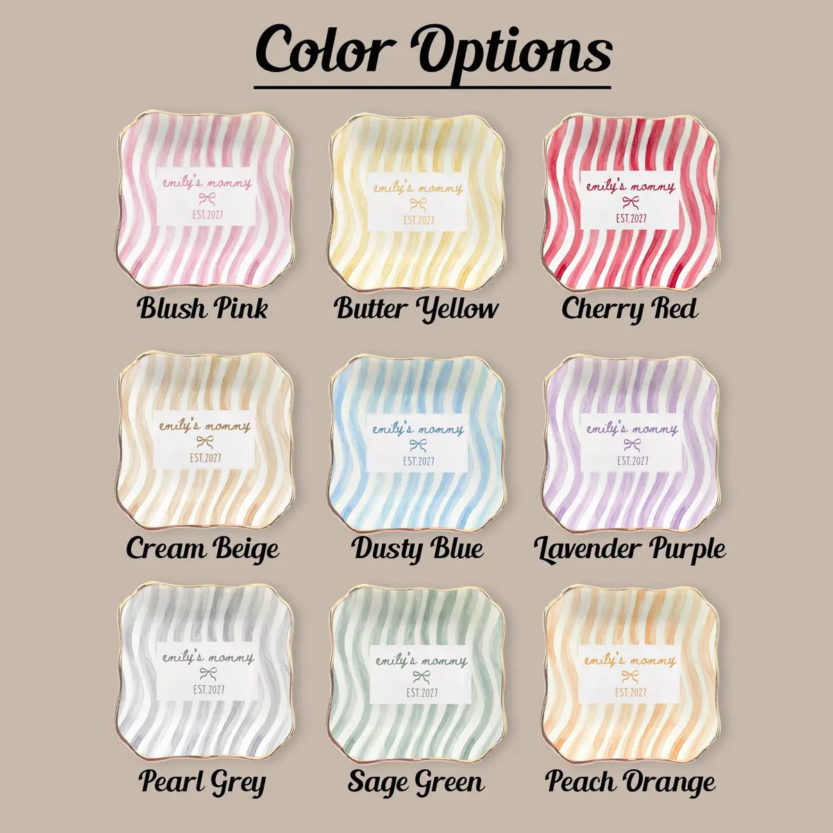 Size chart for Wavy Stripe Custom Names Time Baby Announcement Ring Dish