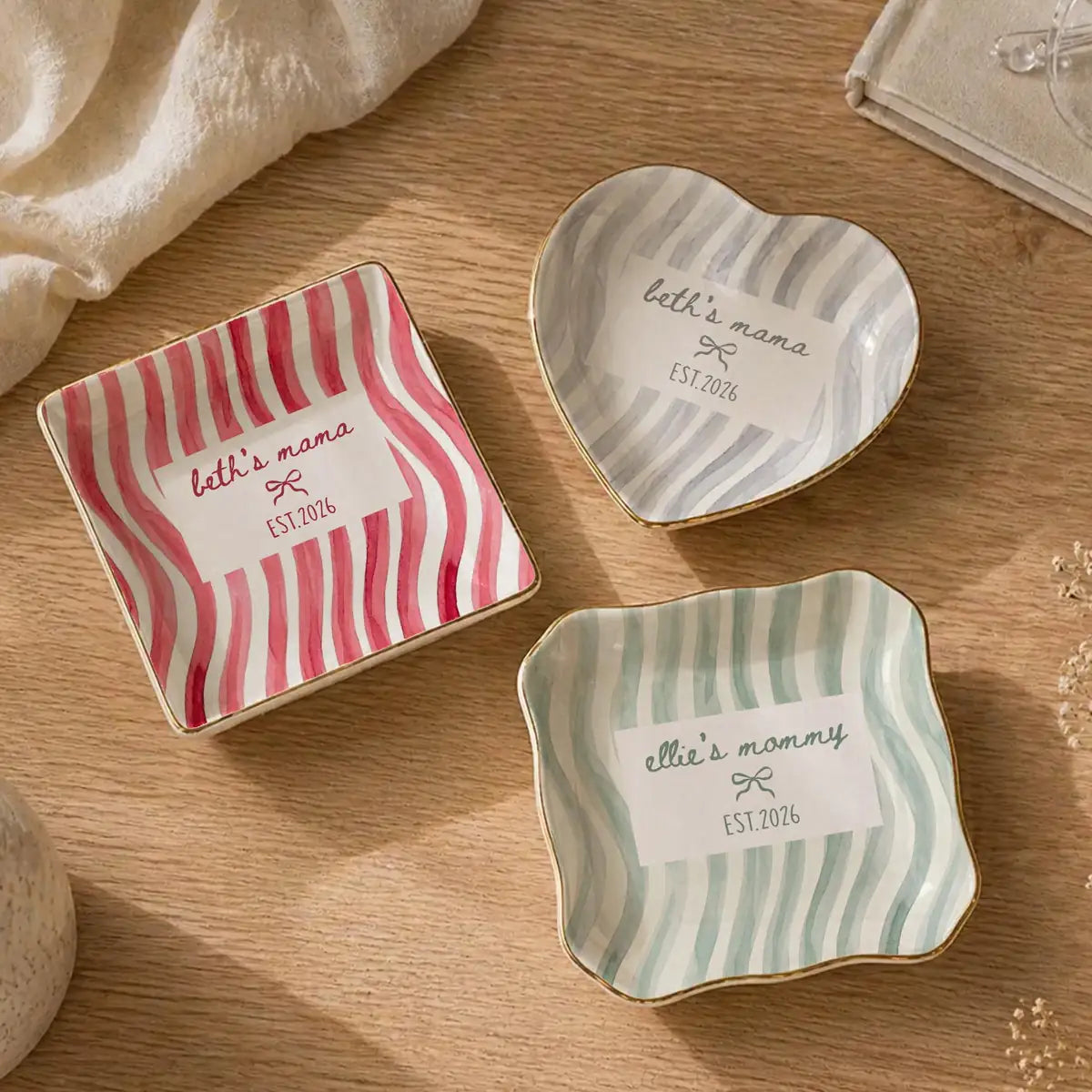 Wavy Stripe Custom Names Time Baby Announcement Ring Dish variant