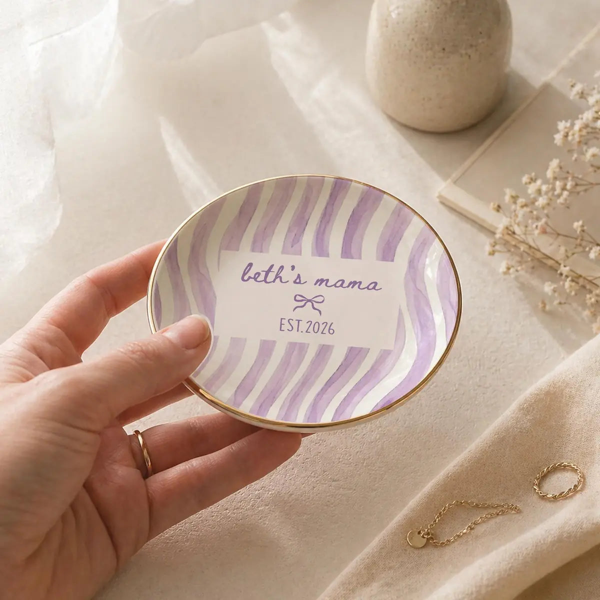 Wavy Stripe Custom Names Time Baby Announcement Ring Dish variant