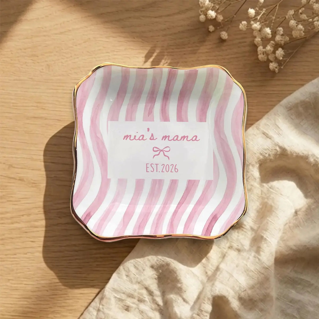 Wavy Stripe Custom Names Time Baby Announcement Ring Dish variant