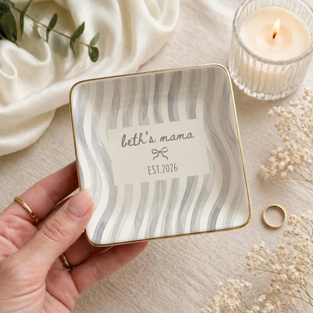 Wavy Stripe Custom Names Time Baby Announcement Ring Dish variant