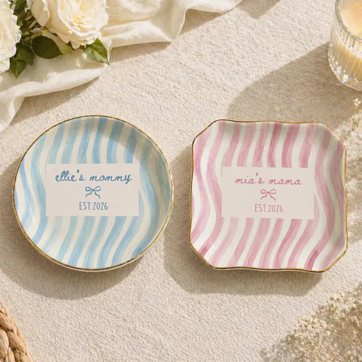Wavy Stripe Custom Names Time Baby Announcement Ring Dish variant