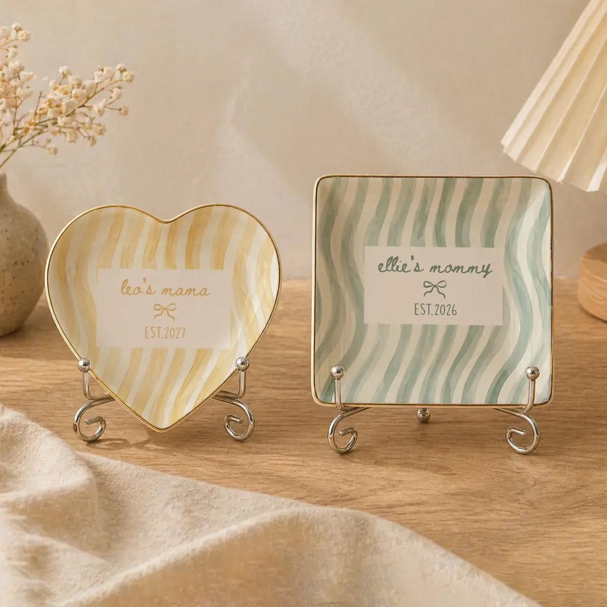 Wavy Stripe Custom Names Time Baby Announcement Ring Dish variant
