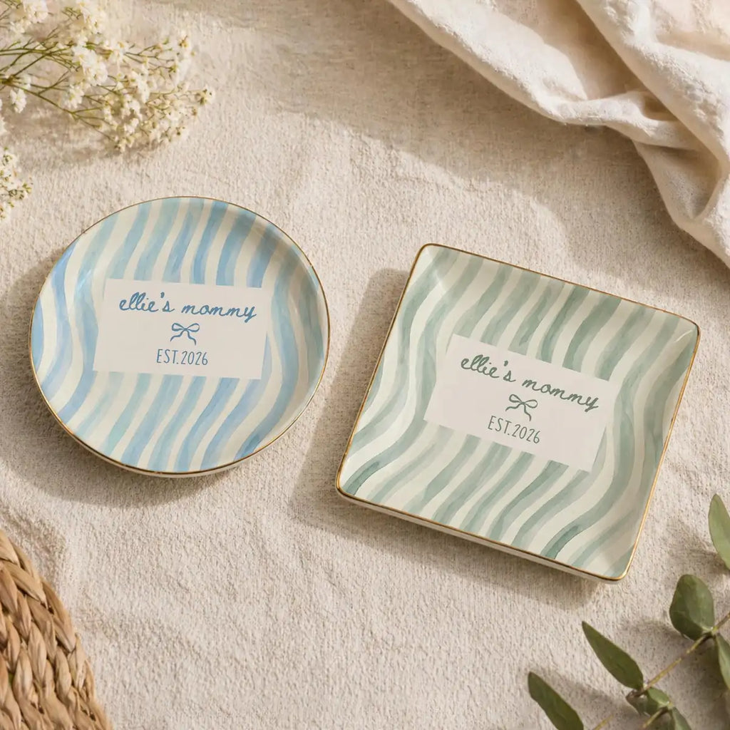 Wavy Stripe Custom Names Time Baby Announcement Ring Dish variant