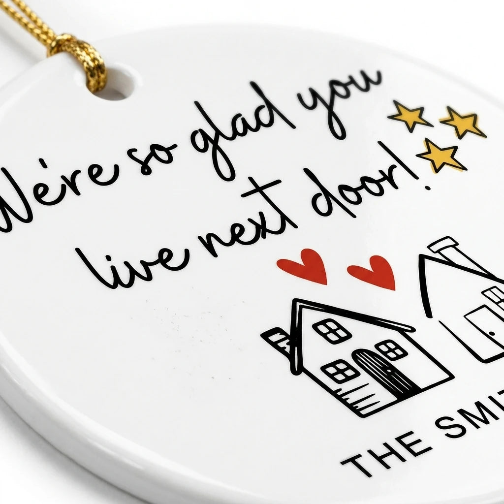 we re so glad you live next door personalized ornament detail