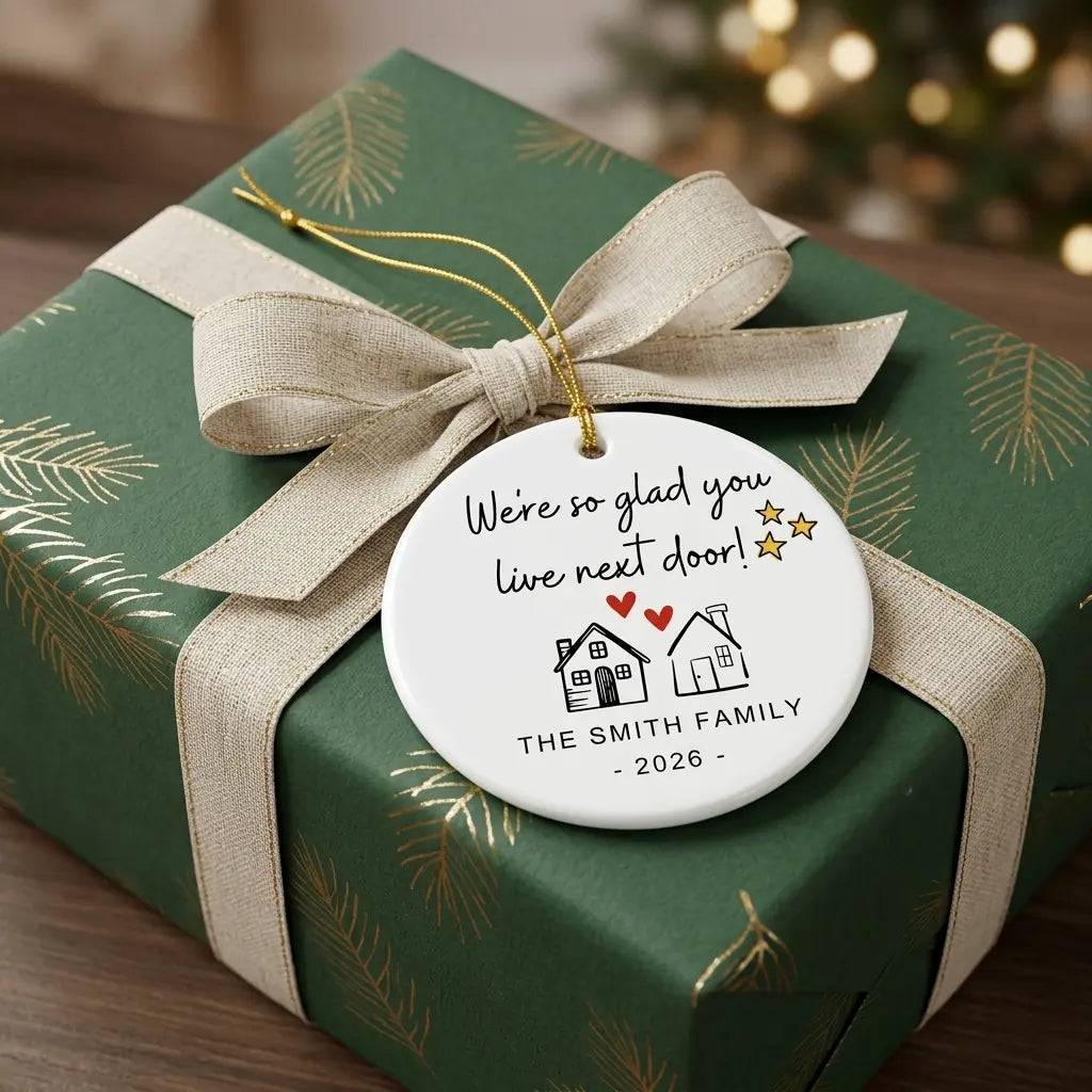 we re so glad you live next door personalized ornament gift