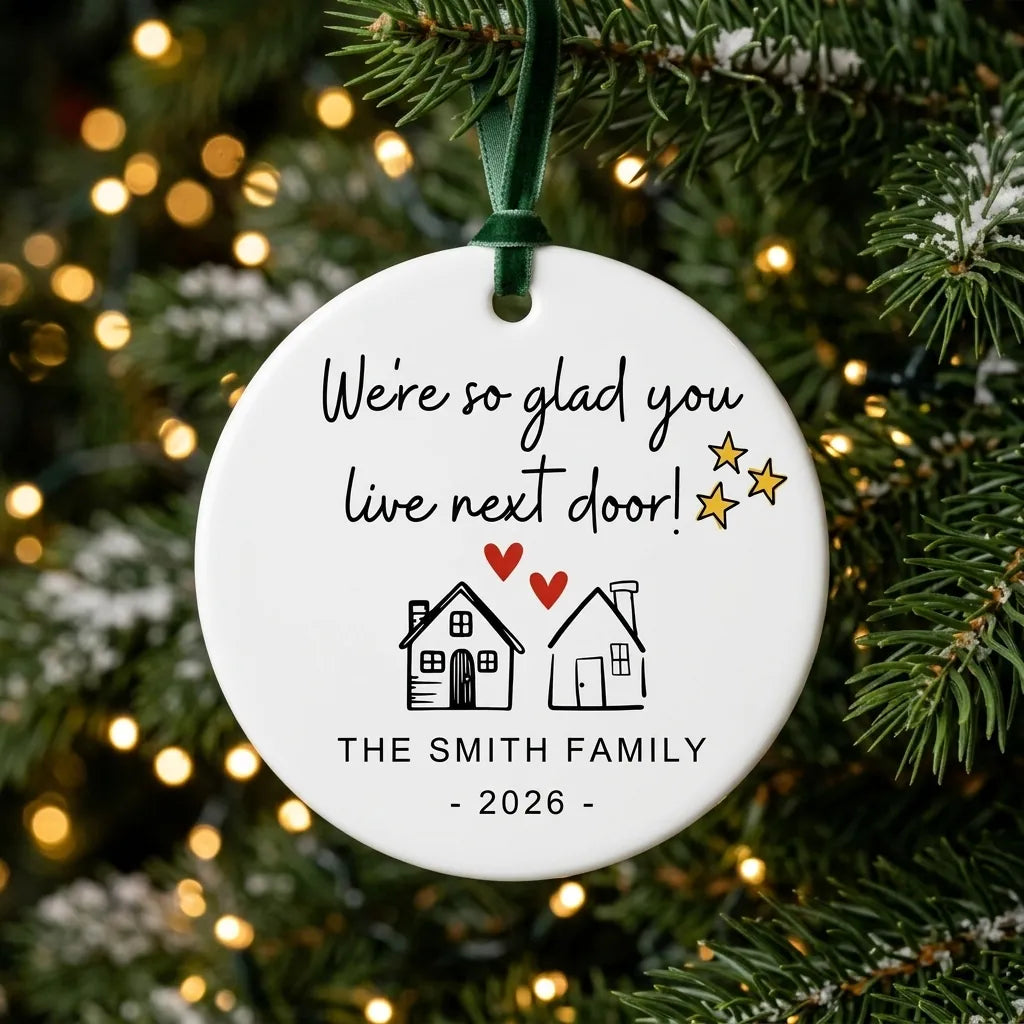 we re so glad you live next door personalized ornament tree