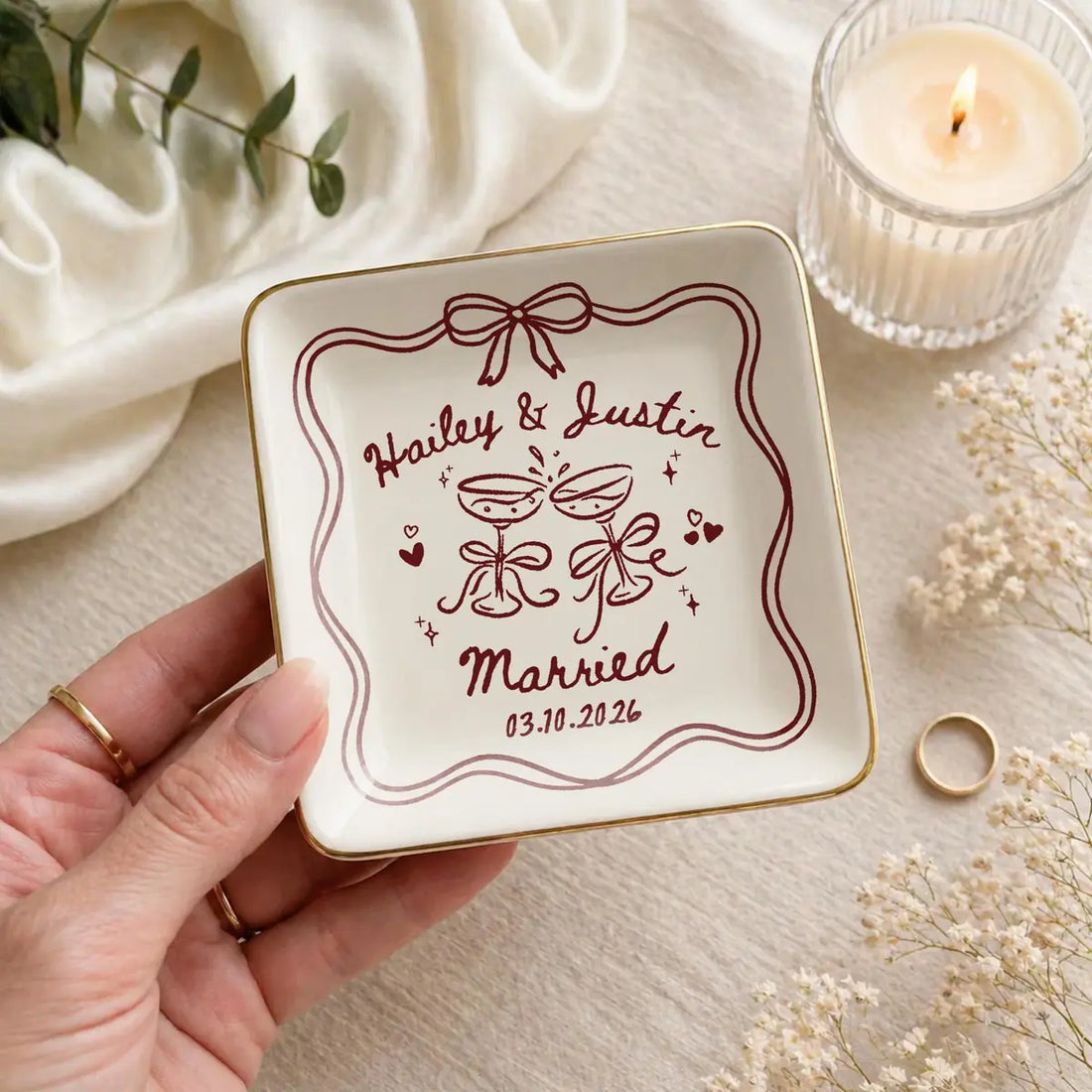 Close-up of Wedding Line Art Custom Names Date Wedding Ring Dish