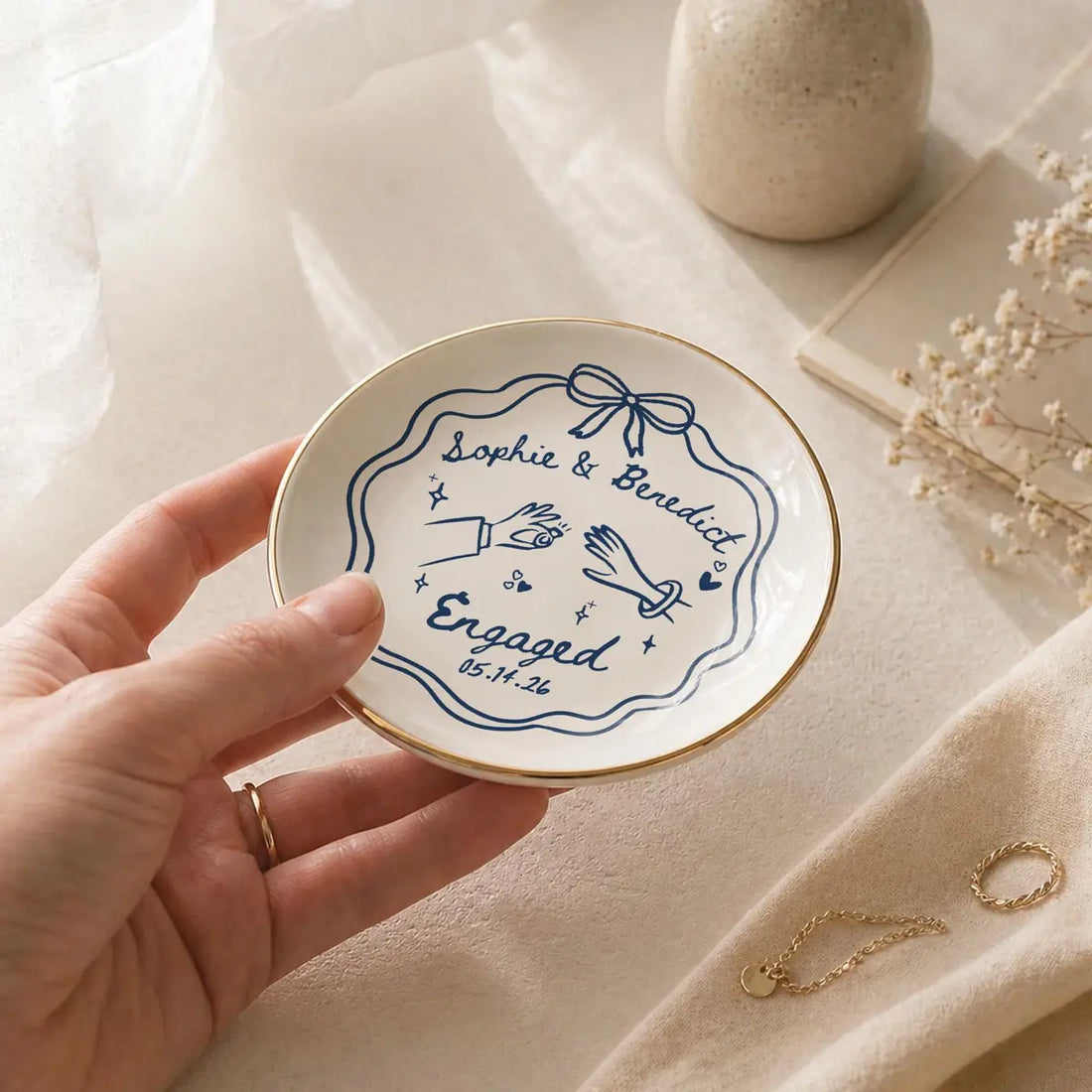 Close-up of Wedding Line Art Custom Names Date Wedding Ring Dish