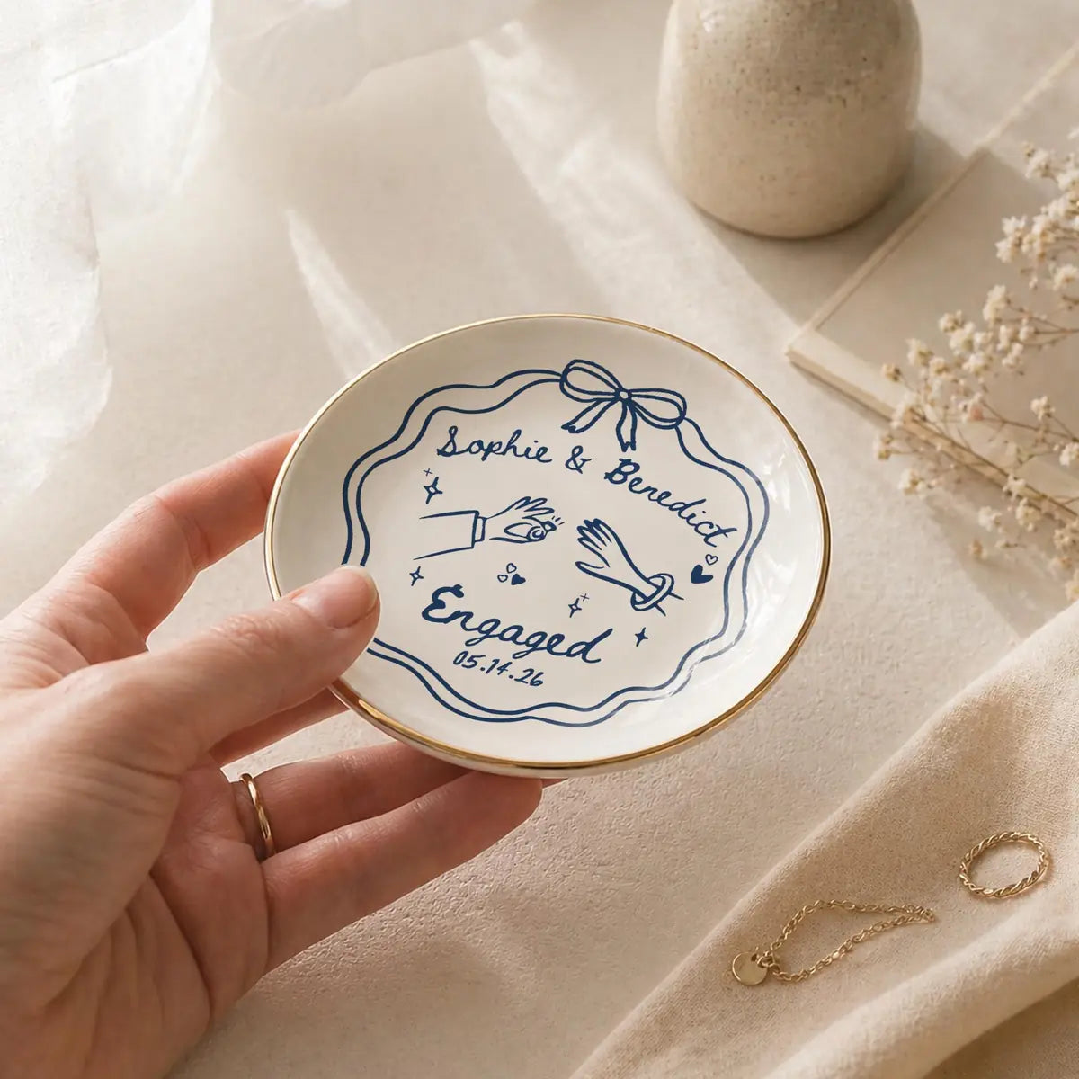 Close-up of Wedding Line Art Custom Names Date Wedding Ring Dish