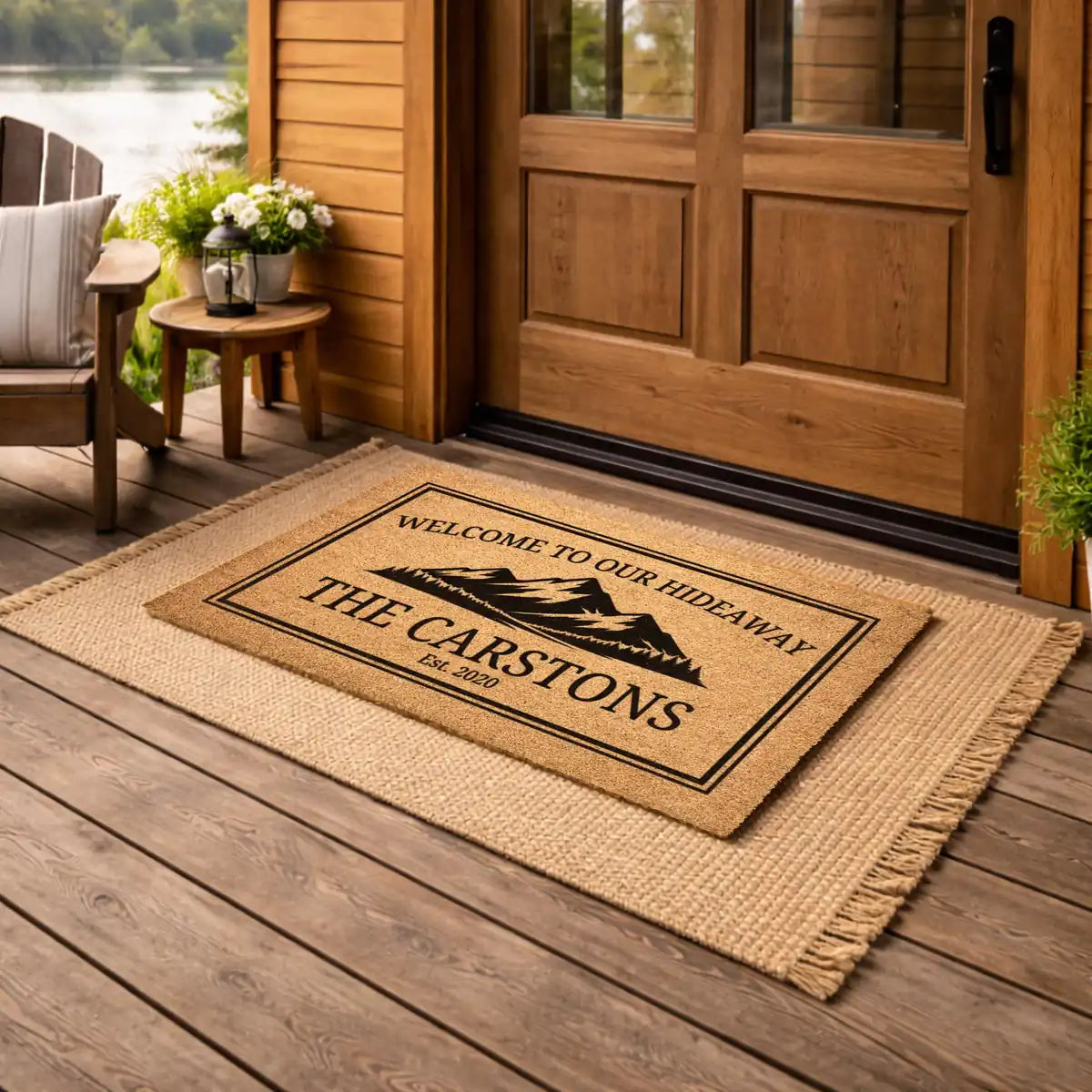 welcome to our hideaway mountain cabin custom family name personalized doormat detail 03