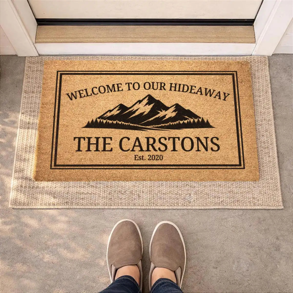 welcome to our hideaway mountain cabin custom family name personalized doormat hero 01