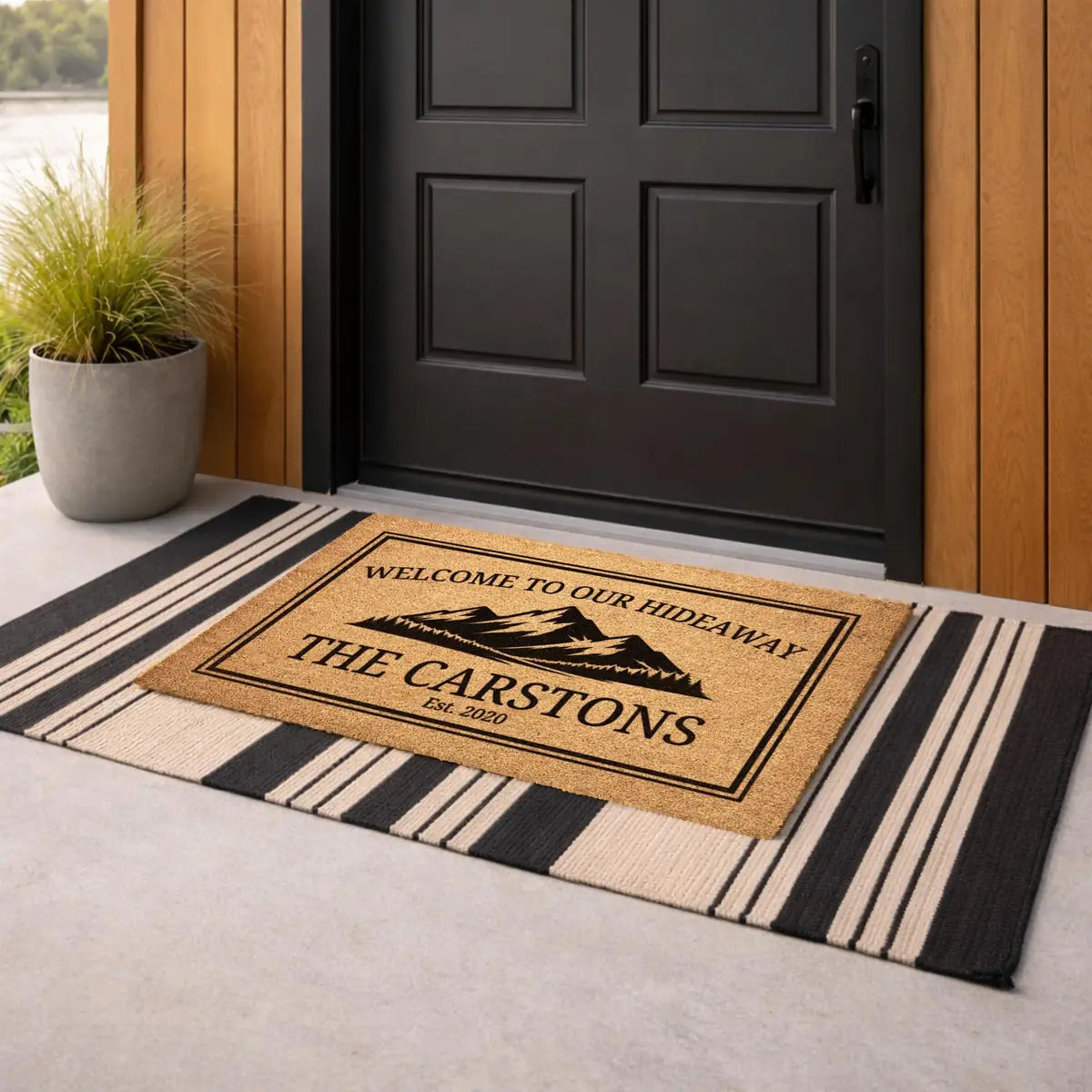 welcome to our hideaway mountain cabin custom family name personalized doormat measure 06