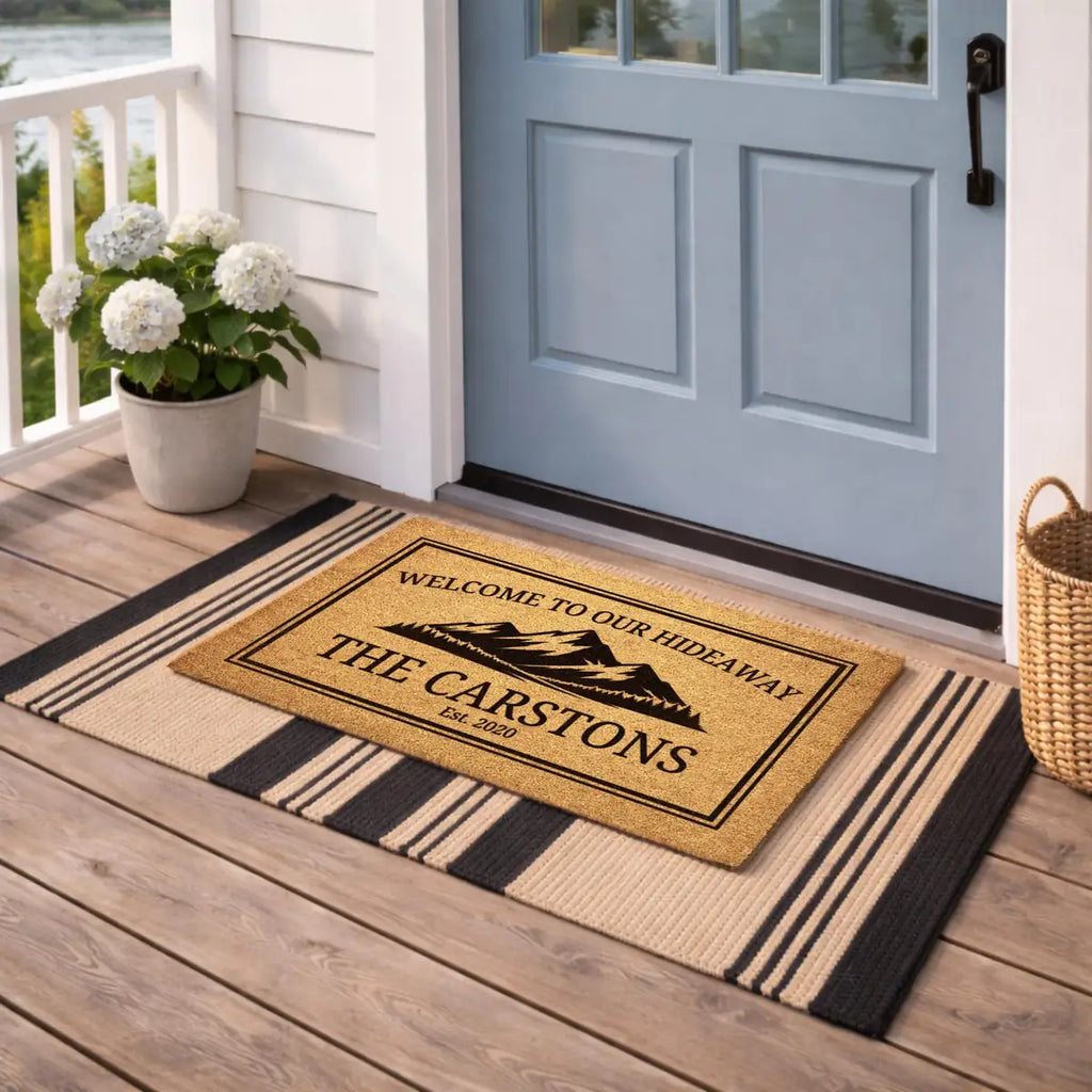 welcome to our hideaway mountain cabin custom family name personalized doormat size chart 05