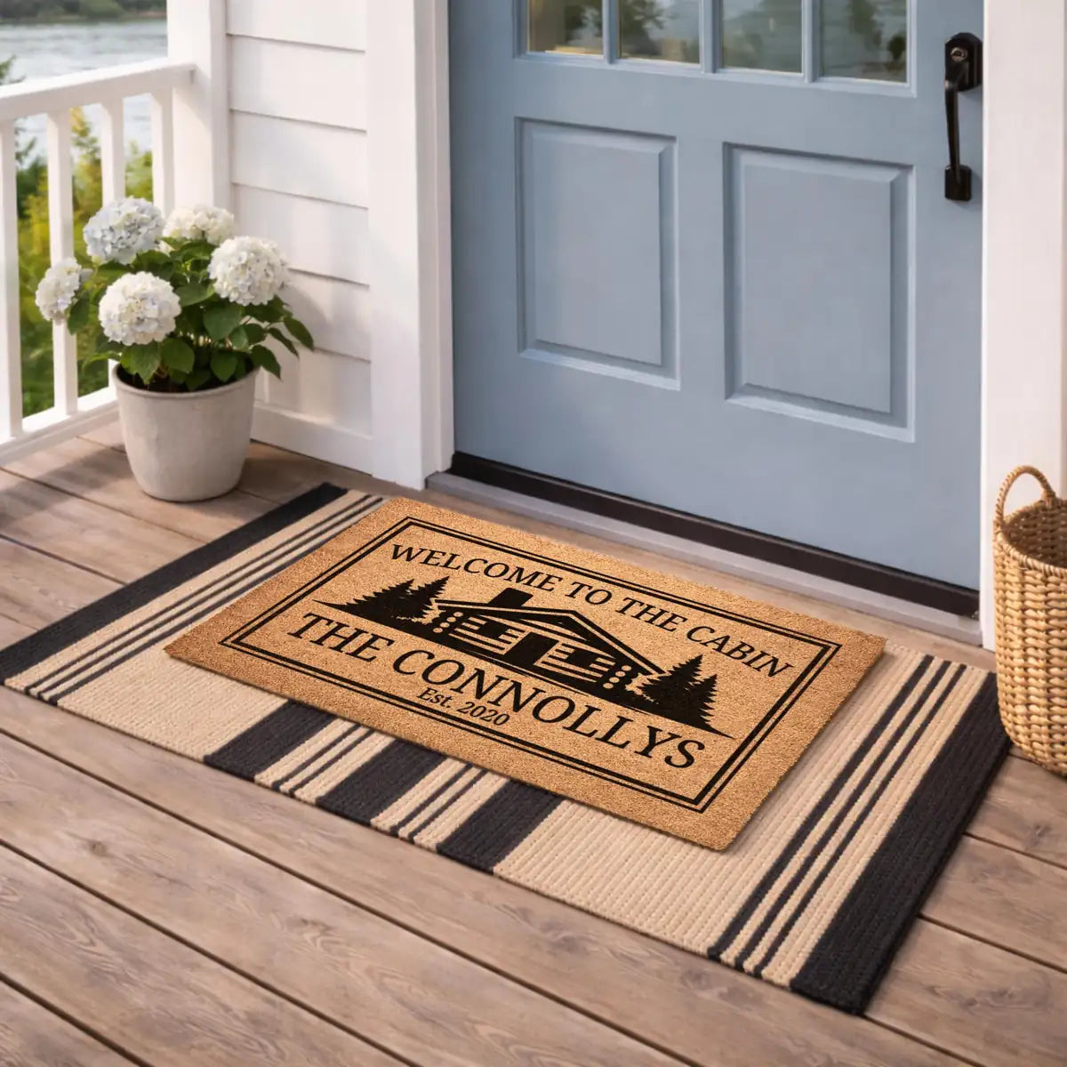 welcome to the cabin log cabin custom family name personalized doormat flat lay 04