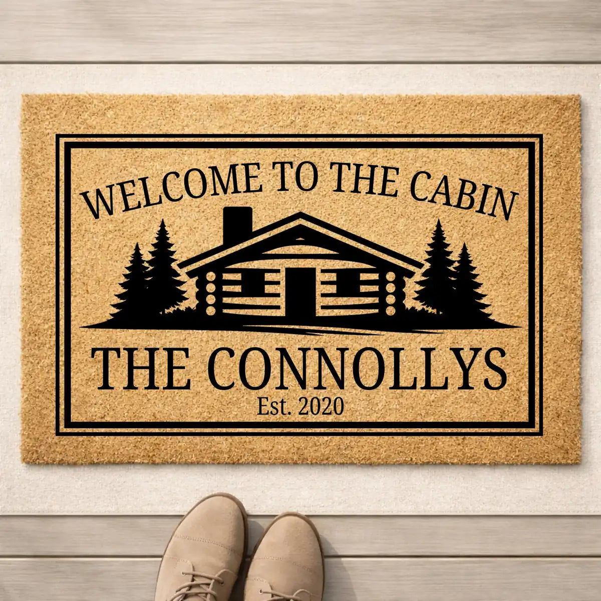 welcome to the cabin log cabin custom family name personalized doormat hero 01