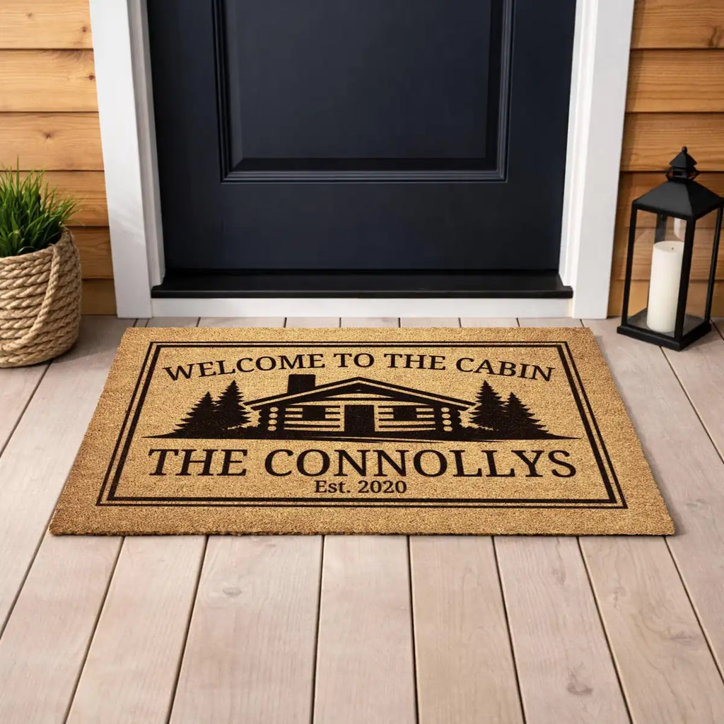 welcome to the cabin log cabin custom family name personalized doormat lifestyle 02