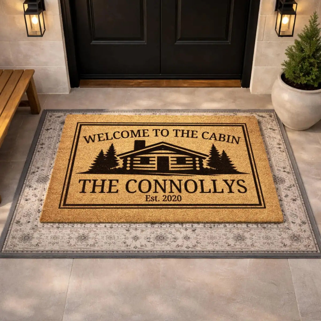 welcome to the cabin log cabin custom family name personalized doormat measure 06