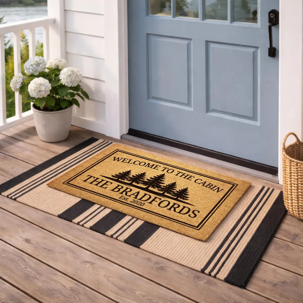 welcome to the cabin pine tree family name personalized doormat detail 03