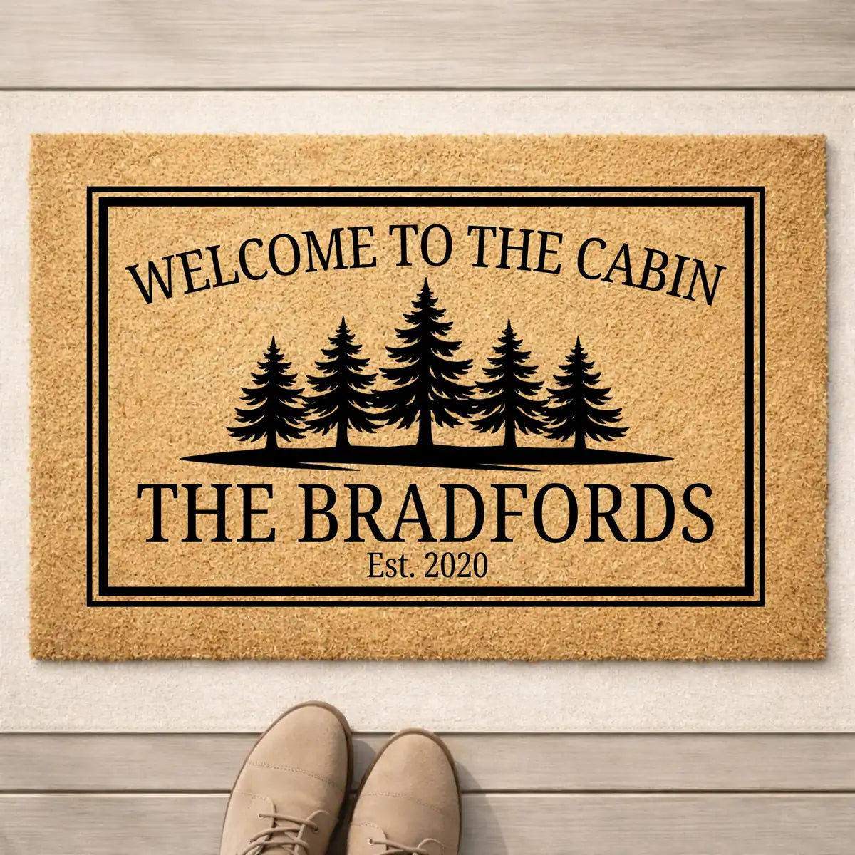 welcome to the cabin pine tree family name personalized doormat hero 01