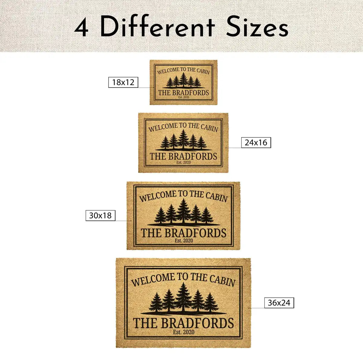welcome to the cabin pine tree family name personalized doormat size chart 05
