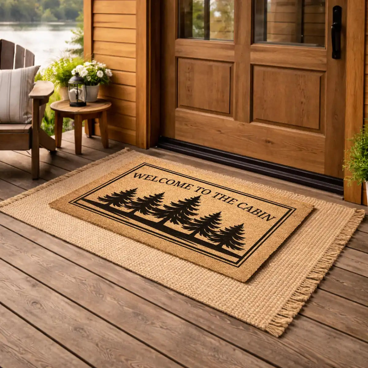 welcome to the cabin rustic pine tree lake house entry personalized doormat detail 03