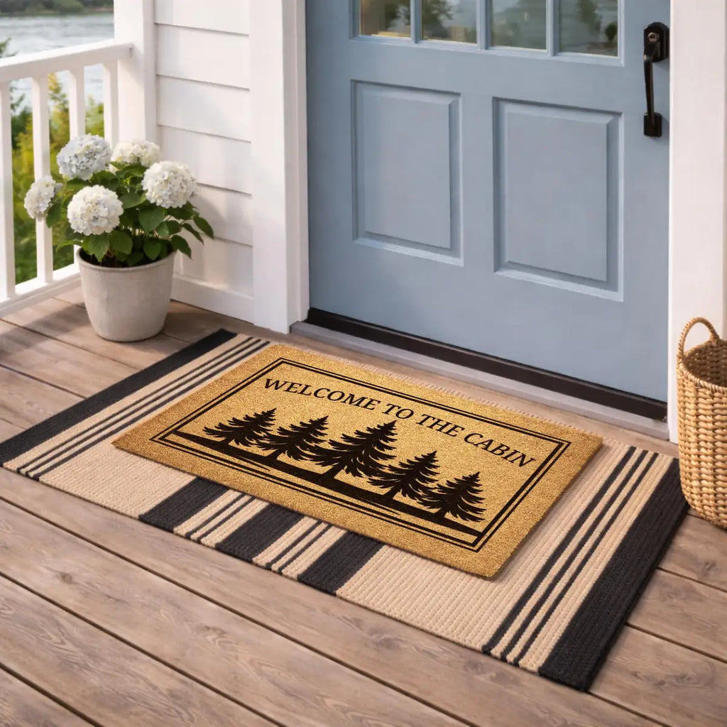 welcome to the cabin rustic pine tree lake house entry personalized doormat measure 06