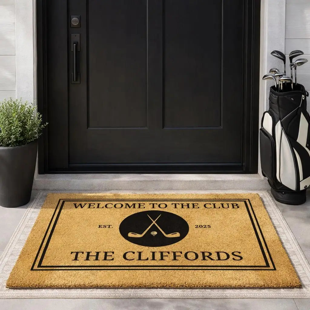 welcome to the club custom family name personalized doormat flat lay 04