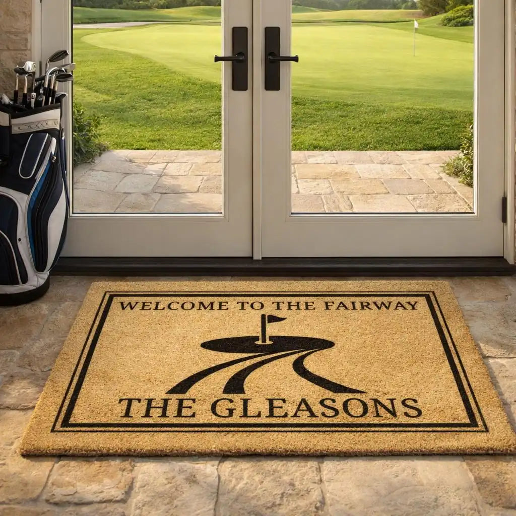 welcome to the fairway custom family name personalized doormat detail 03