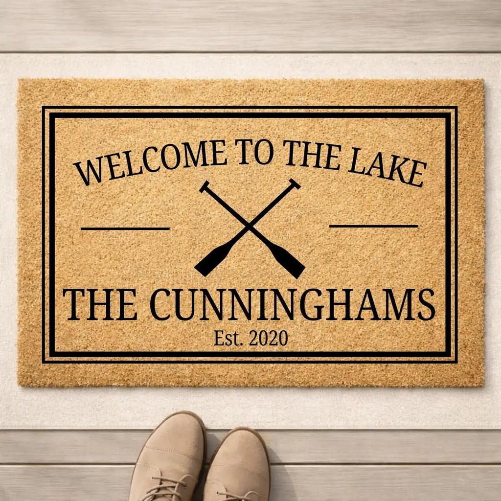 welcome to the lake lake house custom family name personalized doormat hero 01