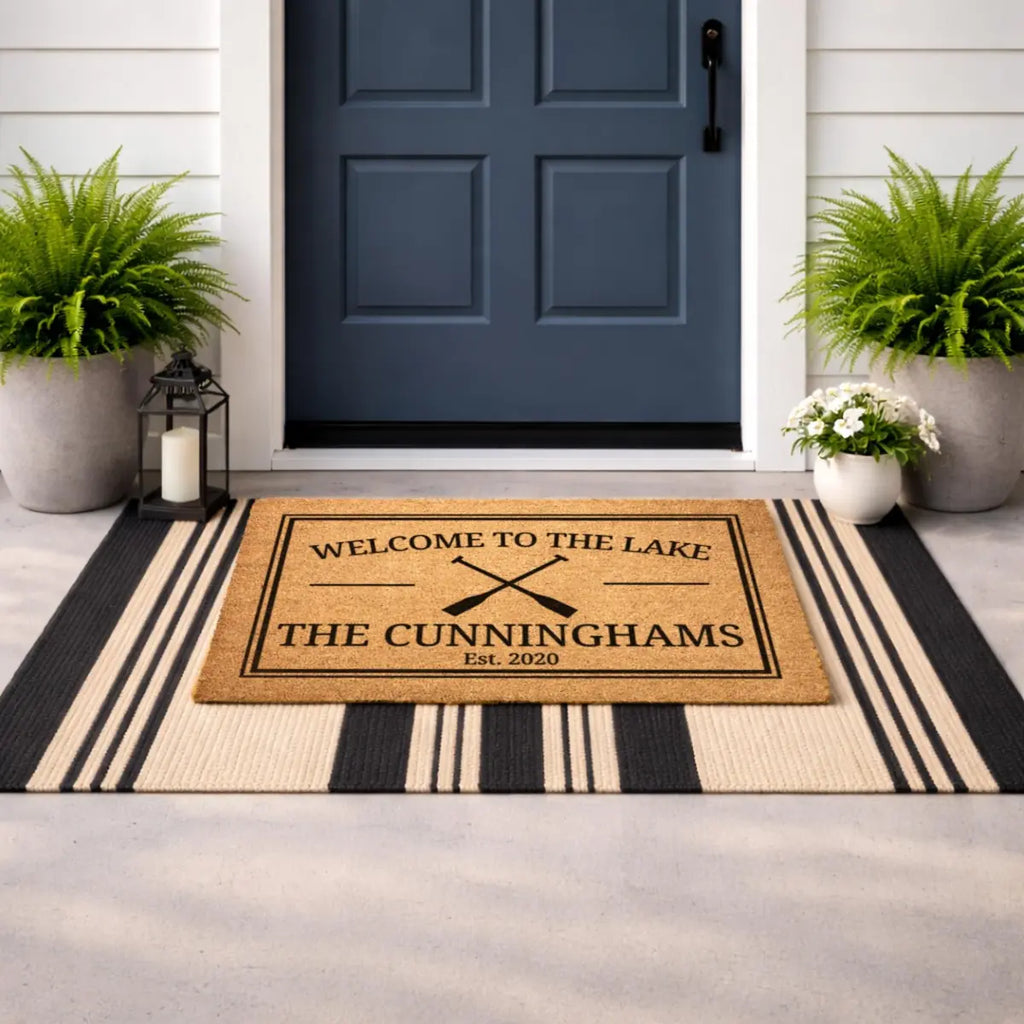 welcome to the lake lake house custom family name personalized doormat size chart 05