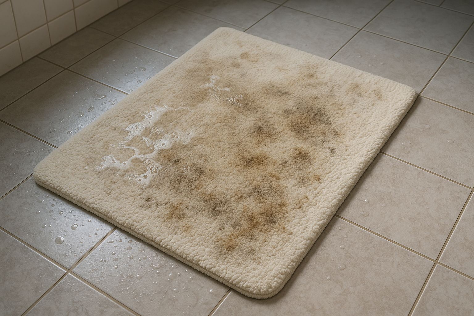 Moldy beige bath mat on a tiled bathroom floor