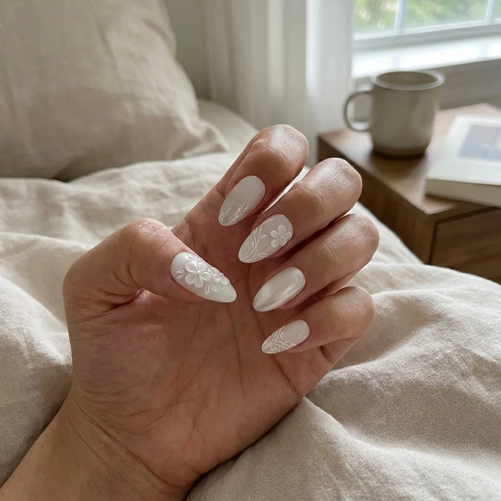 white 3d chrome almond press on nails flower leaf gemstone lifestyle 01