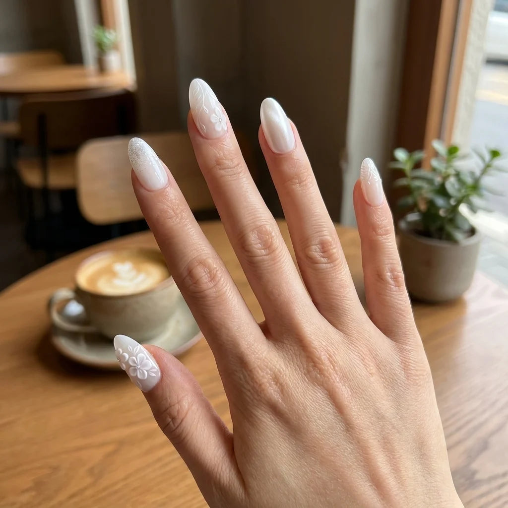white 3d chrome almond press on nails flower leaf gemstone lifestyle 02