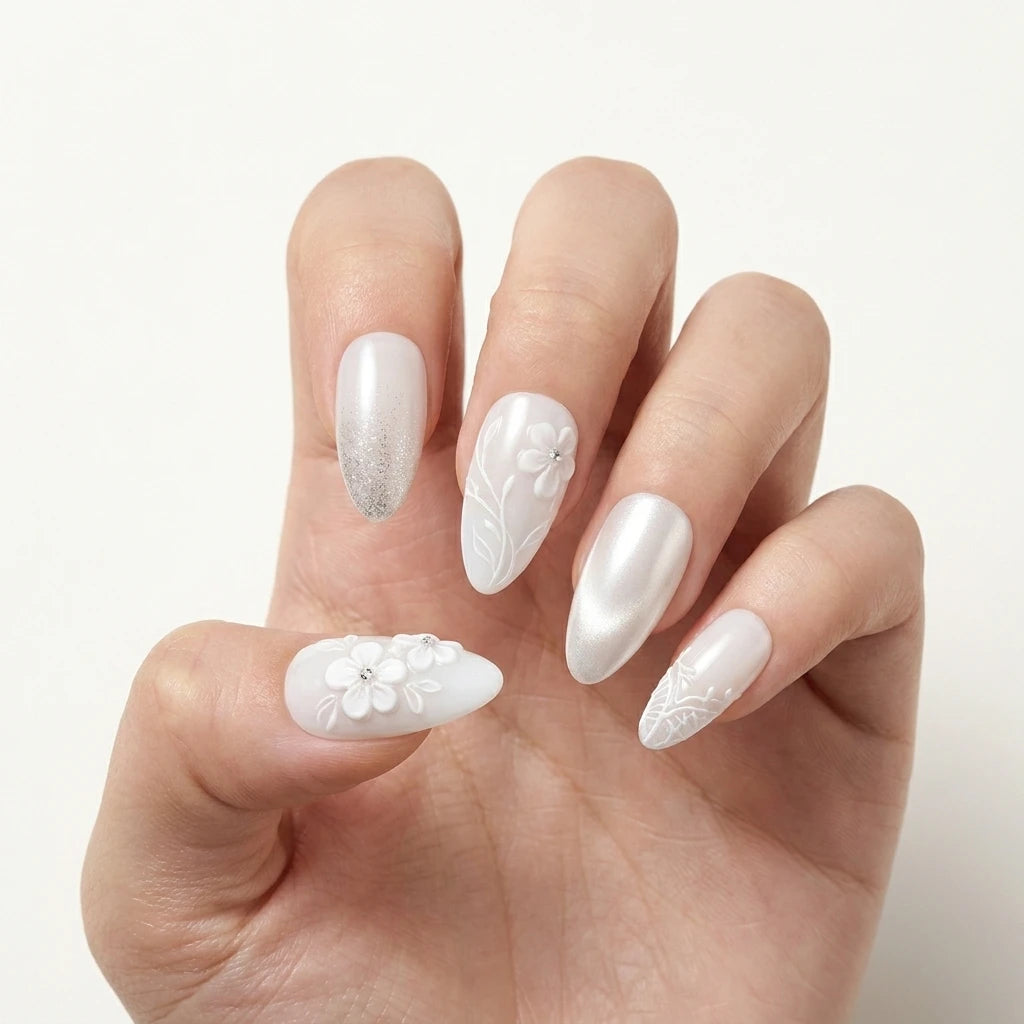 white 3d chrome almond press on nails flower leaf gemstone mockup 01