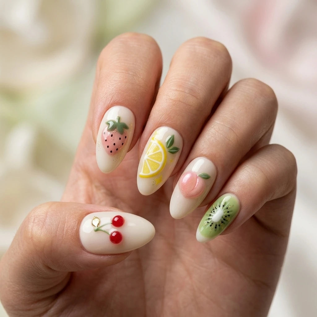 white 3d hand painted almond press on nails summer fruit glitter detail 01