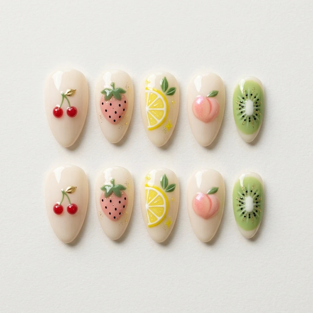 white 3d hand painted almond press on nails summer fruit glitter flat lay 01
