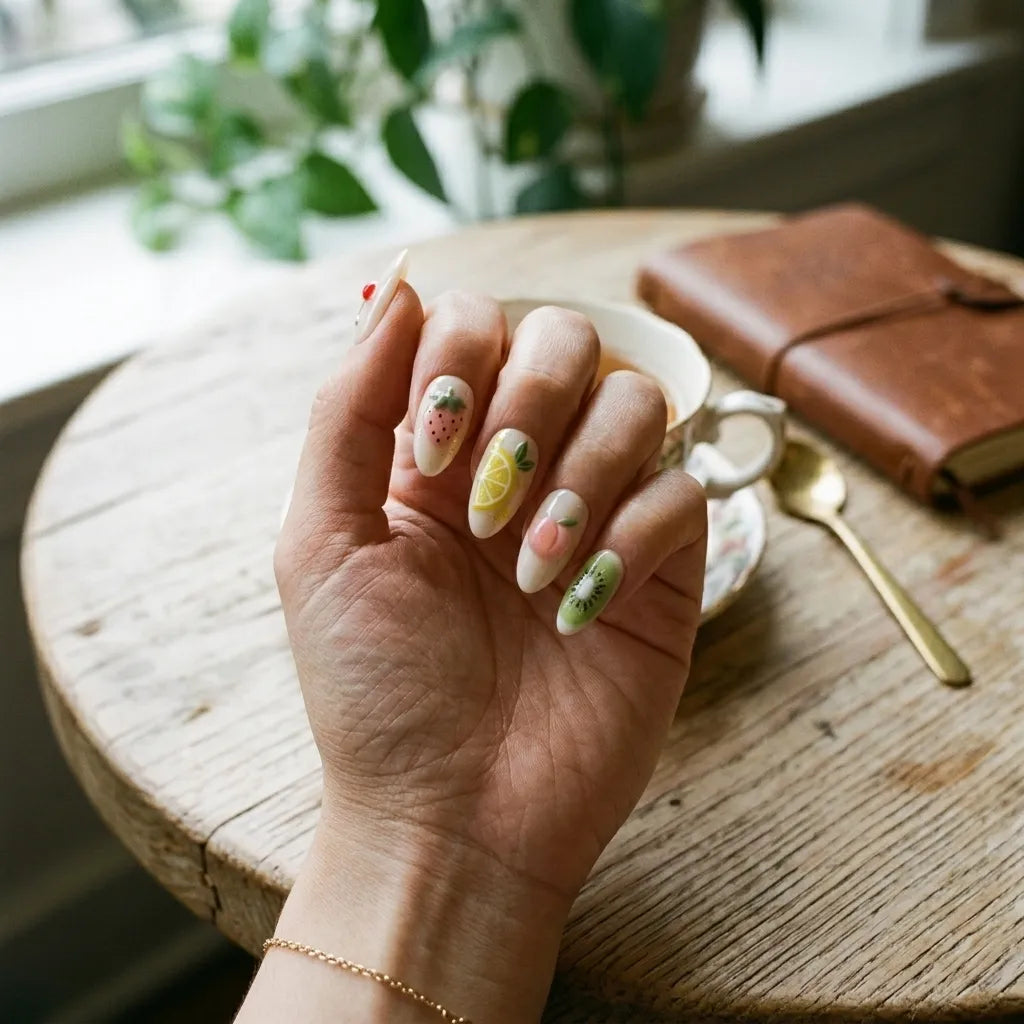 white 3d hand painted almond press on nails summer fruit glitter lifestyle 01