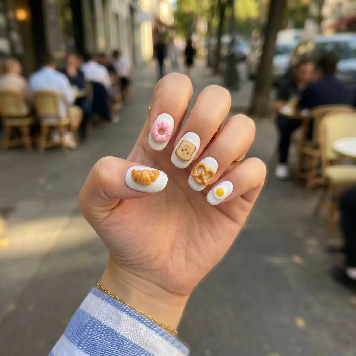 white 3d oval short press on nails breakfast donut croissant egg detail 03
