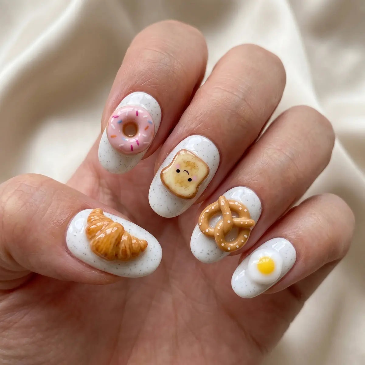 white 3d oval short press on nails breakfast donut croissant egg lifestyle 02