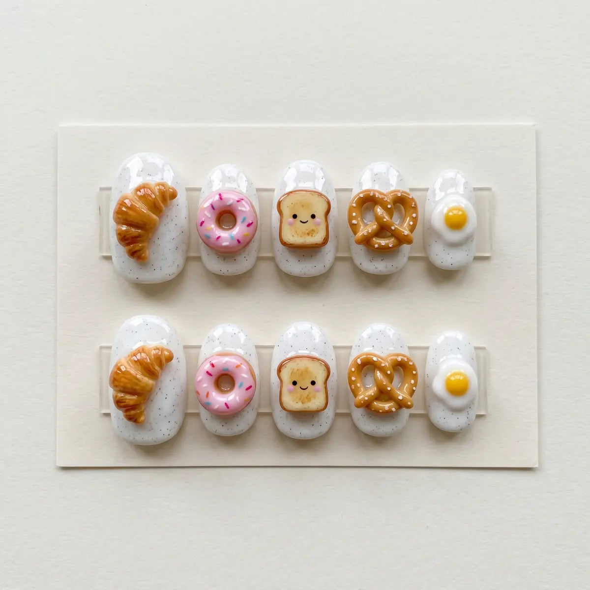white 3d oval short press on nails breakfast donut croissant egg mockup 01