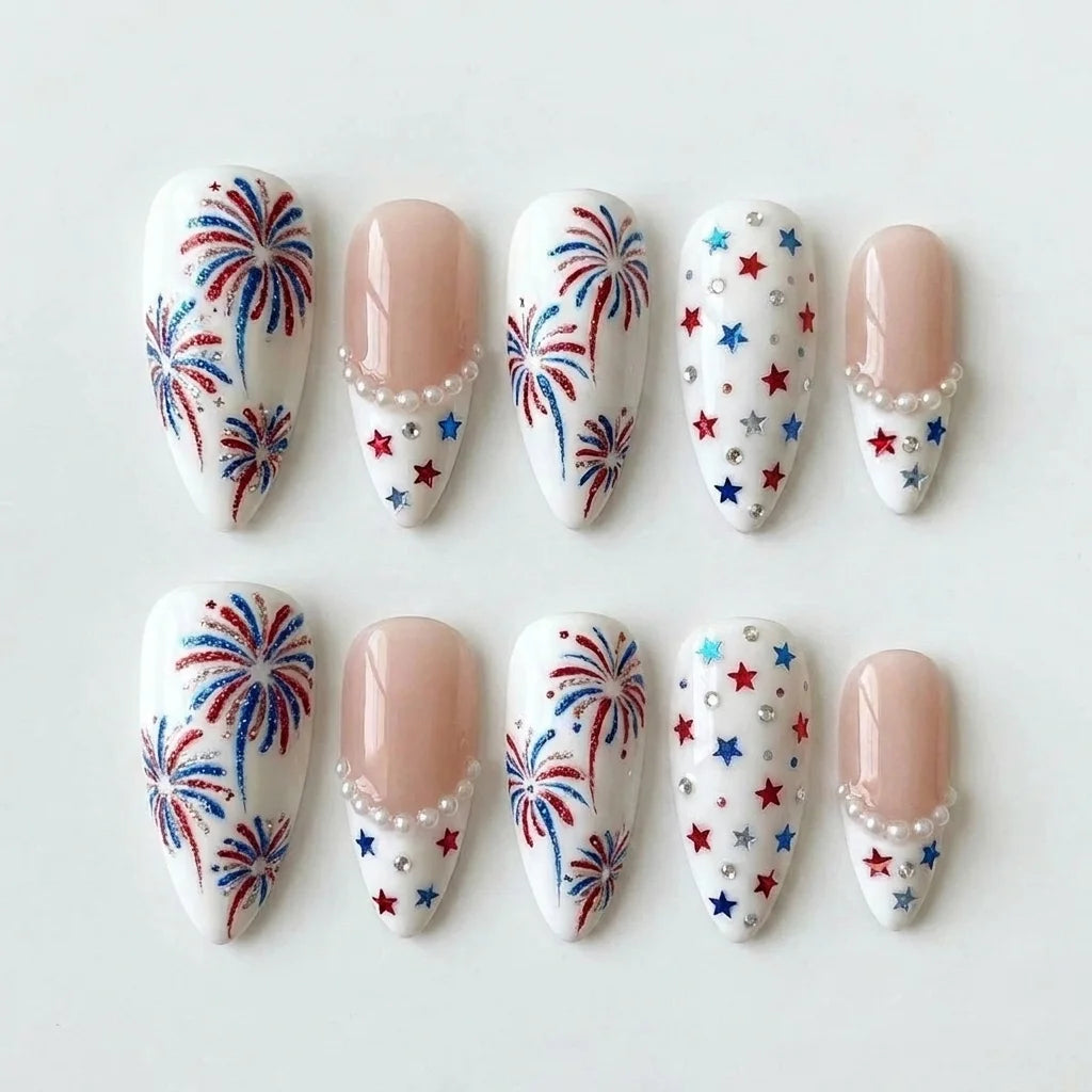 white 4th july hand painted almond long press on nails red blue fireworks detail 03