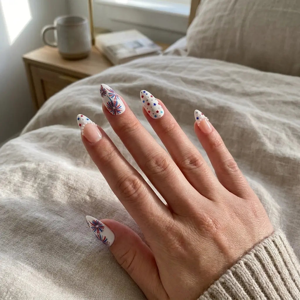 white 4th july hand painted almond long press on nails red blue fireworks lifestyle 02