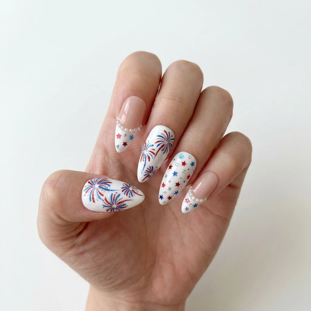 white 4th july hand painted almond long press on nails red blue fireworks mockup 01