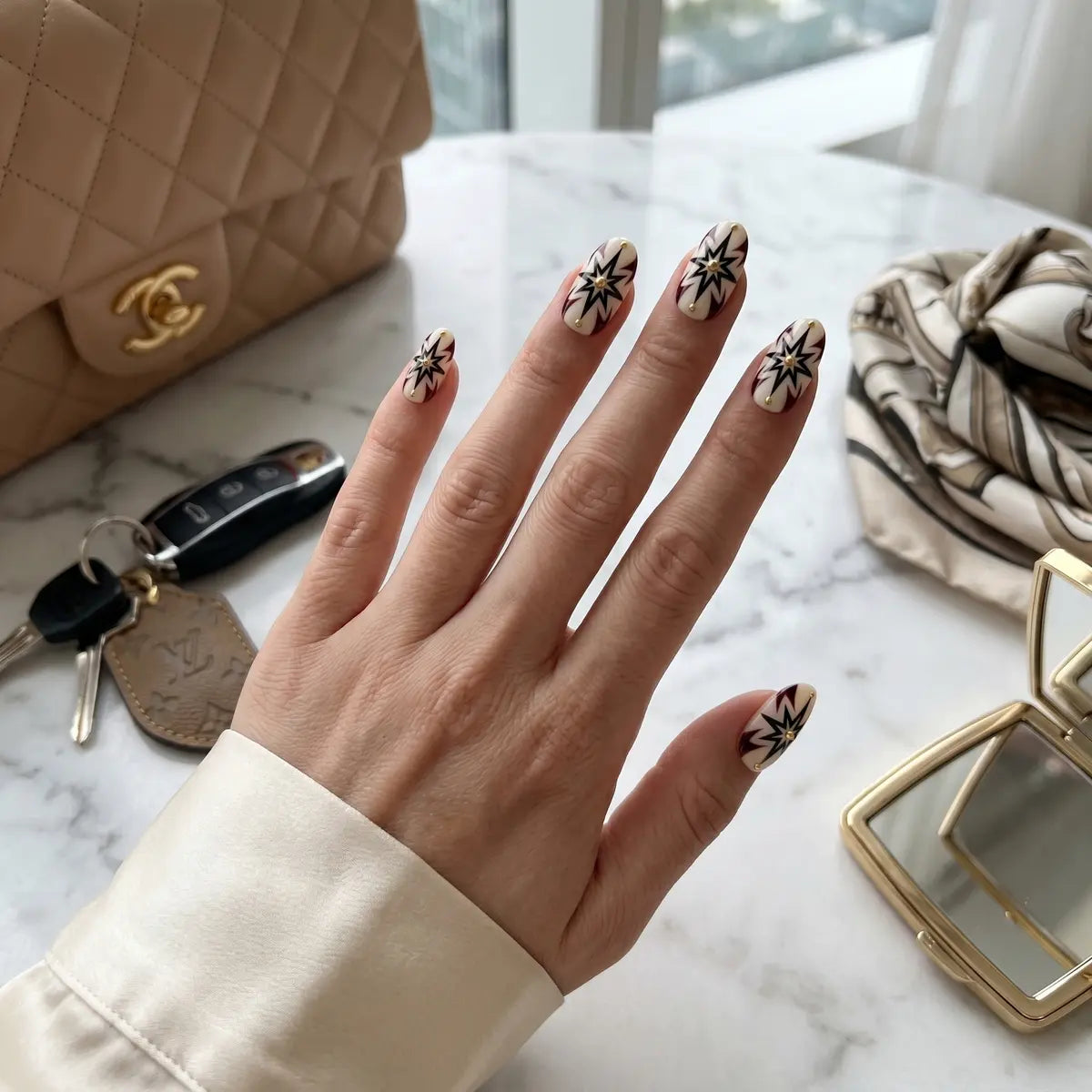 white black 3d oval short press on nails star sunburst gold stud detail 03