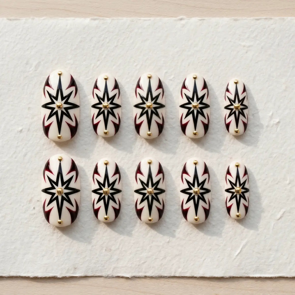 white black 3d oval short press on nails star sunburst gold stud mockup 01