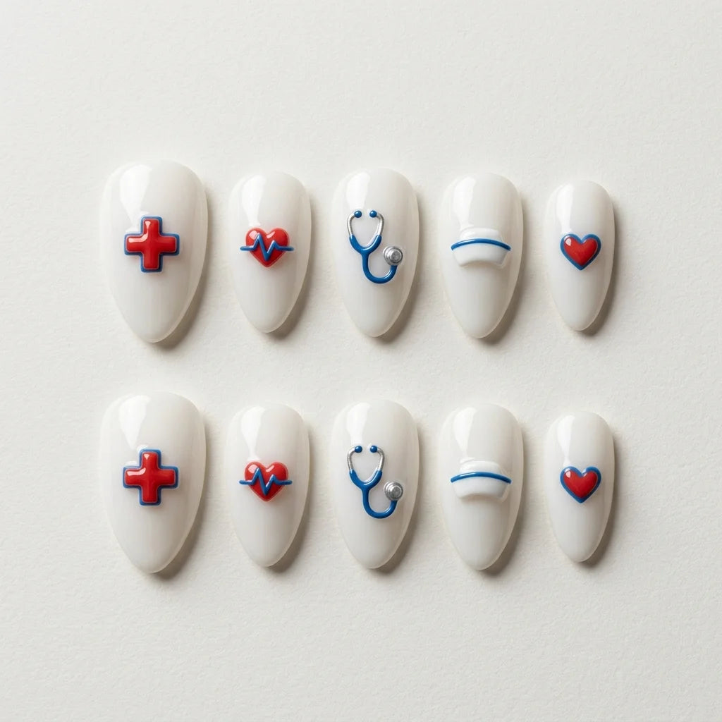 white blue 3d almond press on nails medical cross heart pulse stethoscope pill flat lay 01
