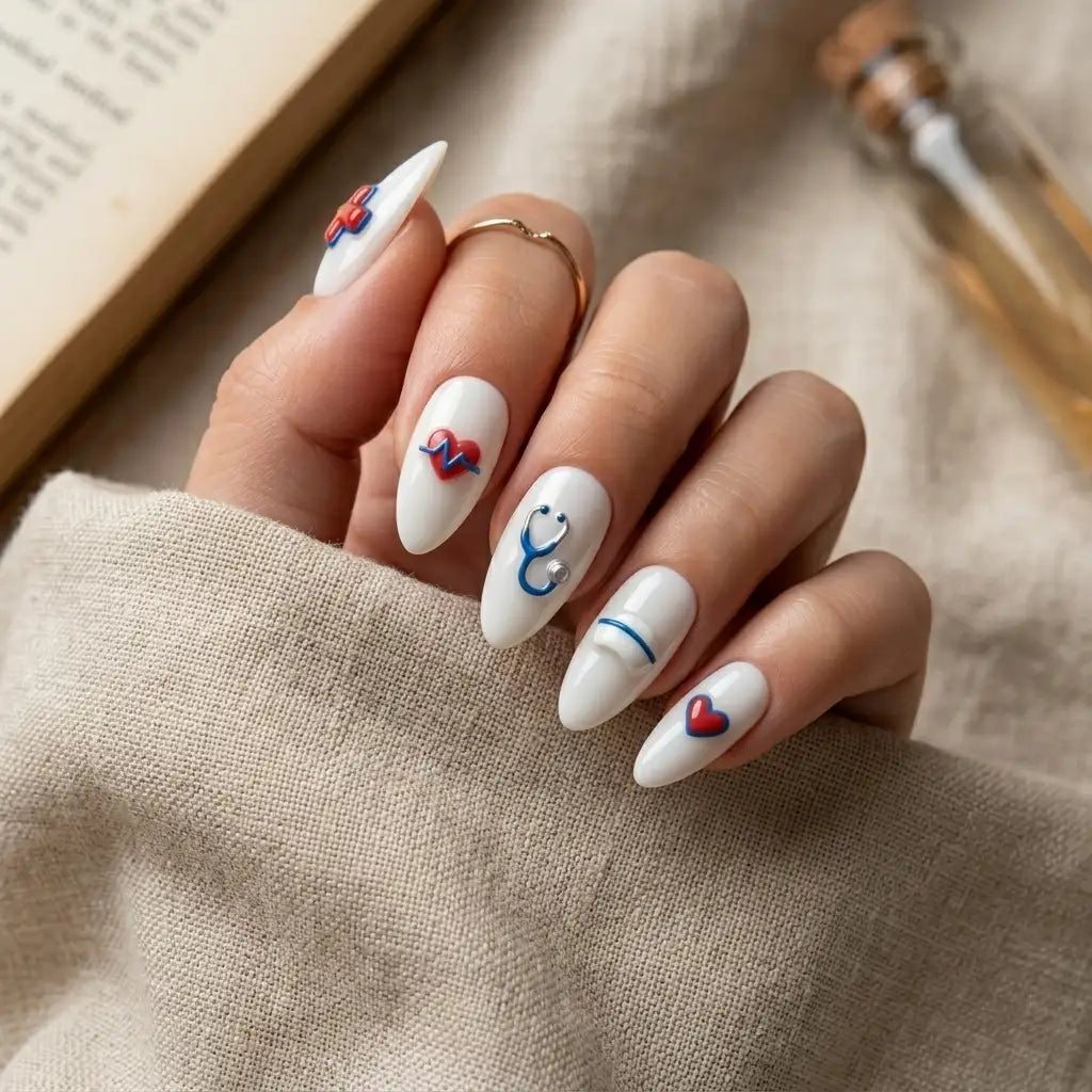 white blue 3d almond press on nails medical cross heart pulse stethoscope pill lifestyle 01