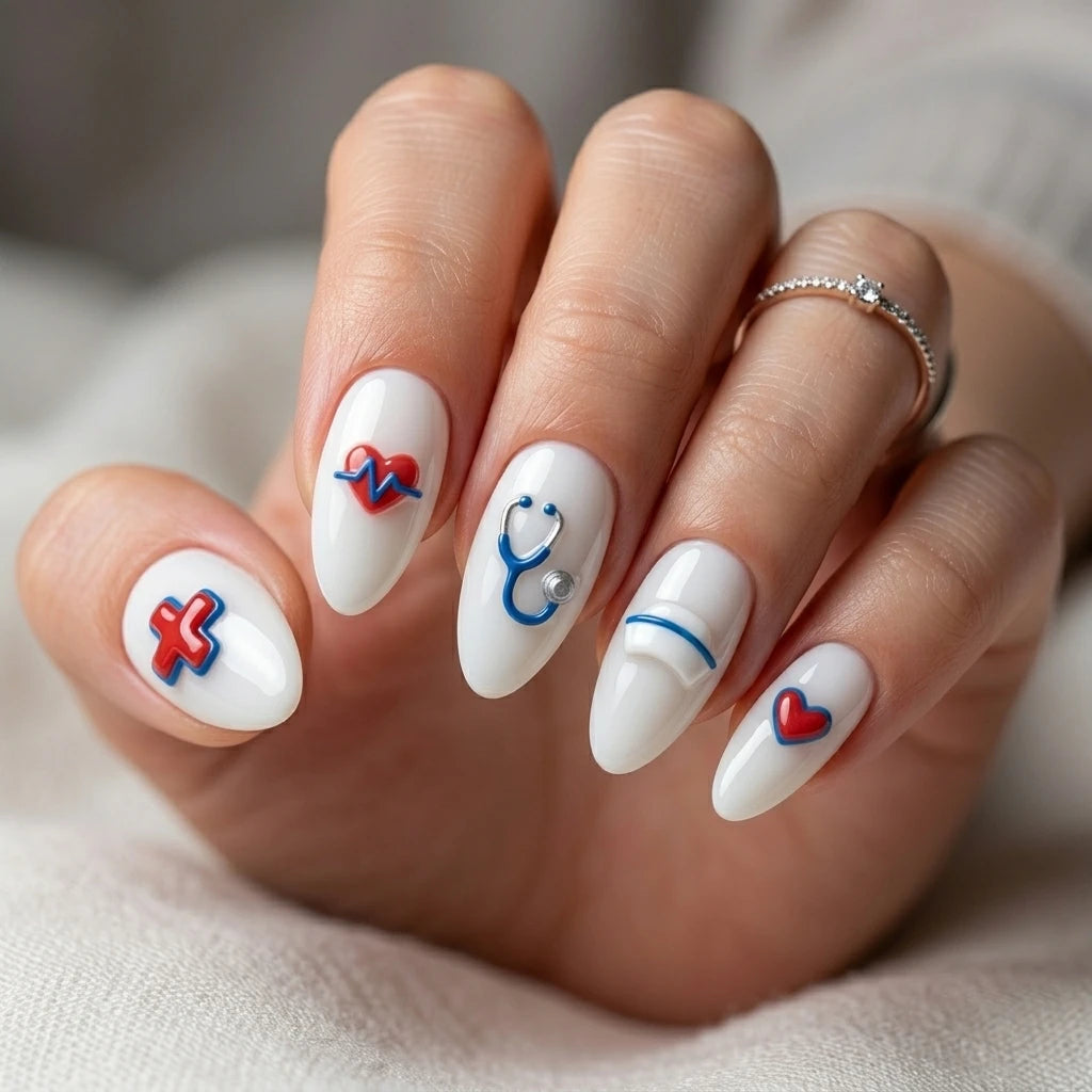 white blue 3d almond press on nails medical cross heart pulse stethoscope pill lifestyle 02